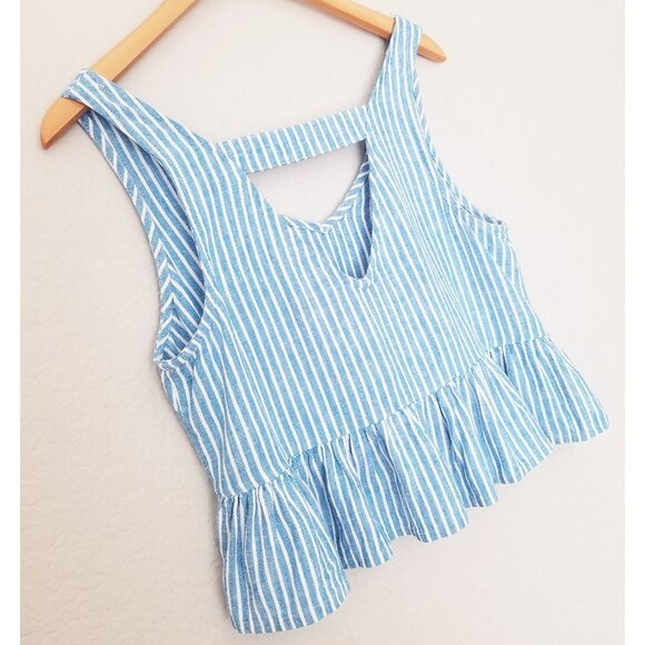 Abound Linen Blend Crop Top S Blue White Striped Peplum Crop Ruffle Sleeveless - Picture 13 of 14